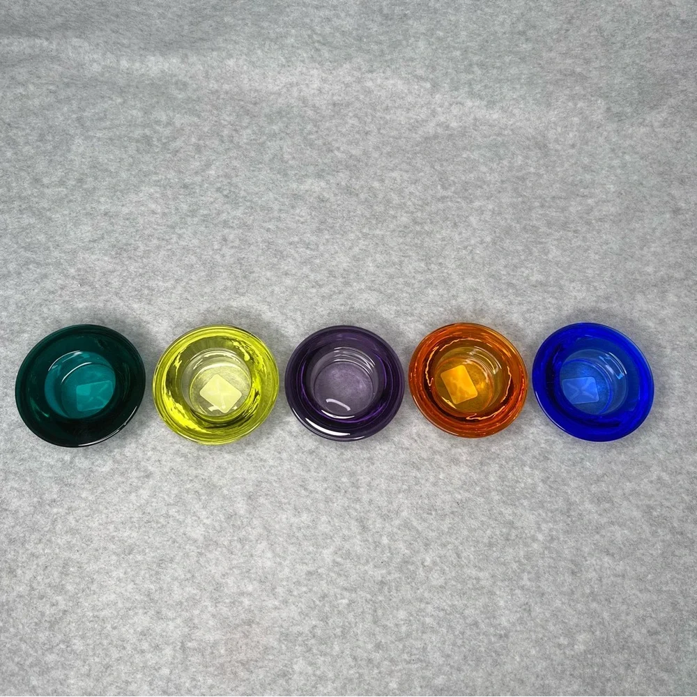 Crate&Barrel Set of 5 Tea Light Candle Holders Lime Amethyst Amber Cobalt Teal